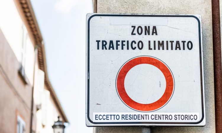 Zona Traffico Limitato, ZTL limited traffic zone sign in little, small Italian town restricting cars to historical, historic center of Orvieto, Italy