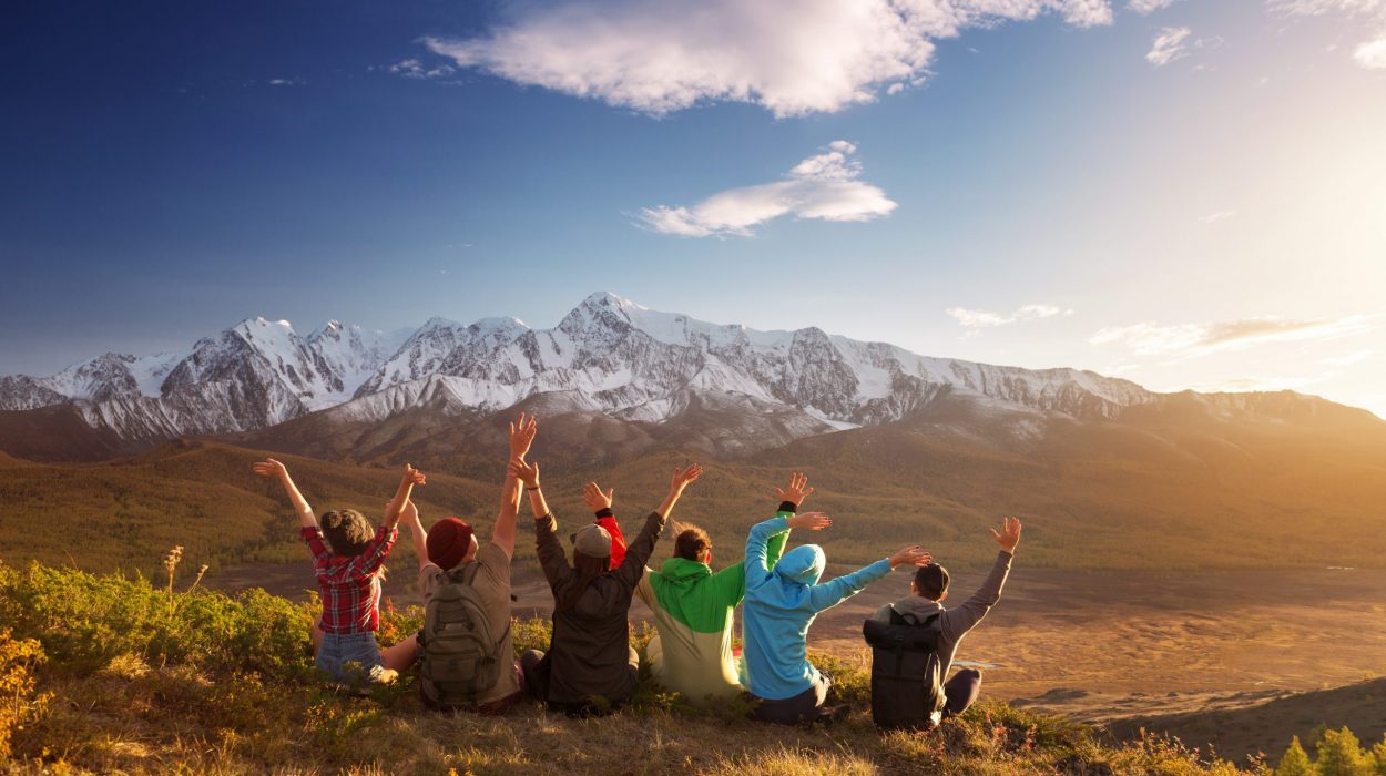 Group happy friends having fun mountain top Group of six happy friends is having fun at mountain top